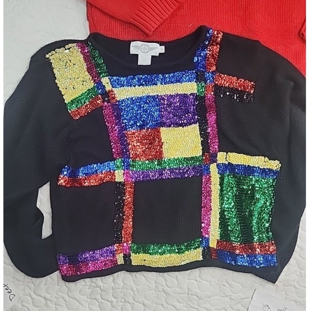 Vtg Multicolor Sequin Sweater Black Silk Fran Fine Blanche ColorBlock Theater
